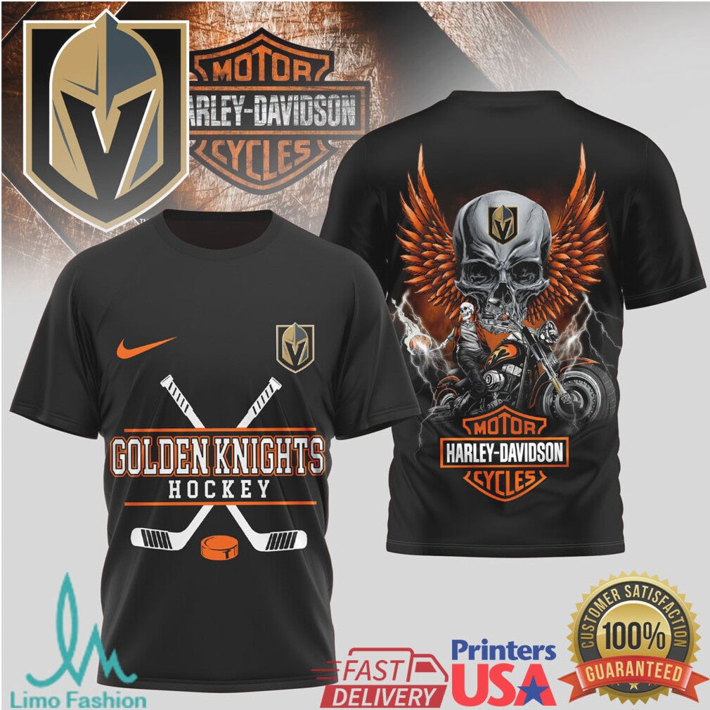 Vegas Golden Knights Hockey x Harley Davidson Skull Biker T Shirt - Limotees LLC