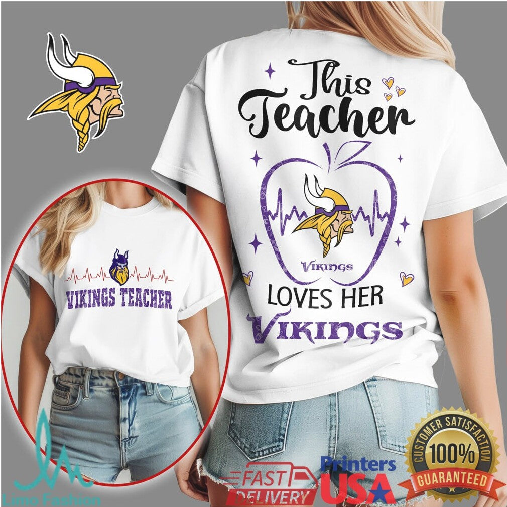 Vikings Teacher Heartbeat Apple This Teacher Loves Her Vikings T Shirt - Limotees LLC