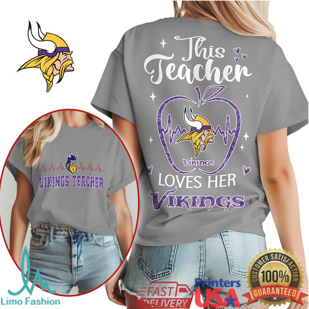 Vikings Teacher Heartbeat Apple This Teacher Loves Her Vikings T Shirt - Limotees LLC