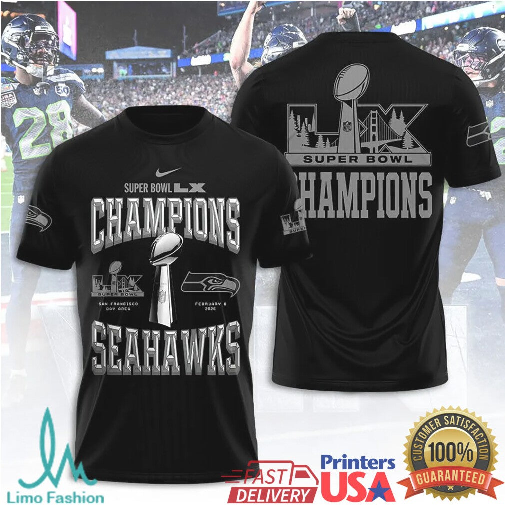 Vintage Style Seattle Seahawks Super Bowl LX Champions Chrome Text T Shirt - Limotees LLC