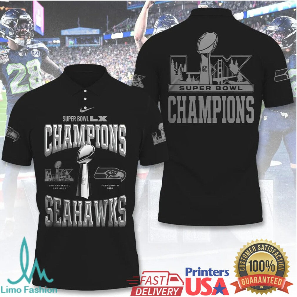 Vintage Style Seattle Seahawks Super Bowl LX Champions Chrome Text T Shirt - Limotees LLC