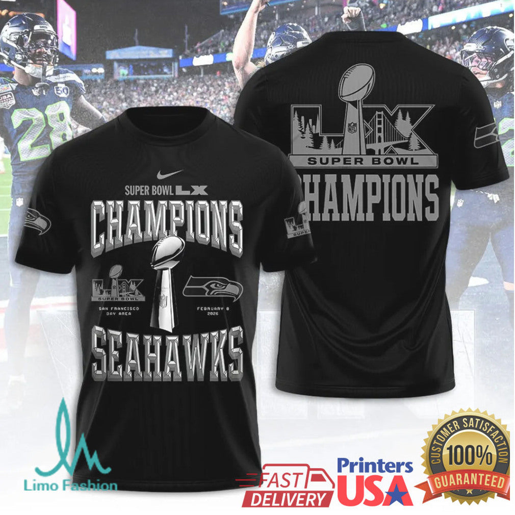 Vintage Style Seattle Seahawks Super Bowl LX Champions Chrome Text T Shirt - Limotees LLC