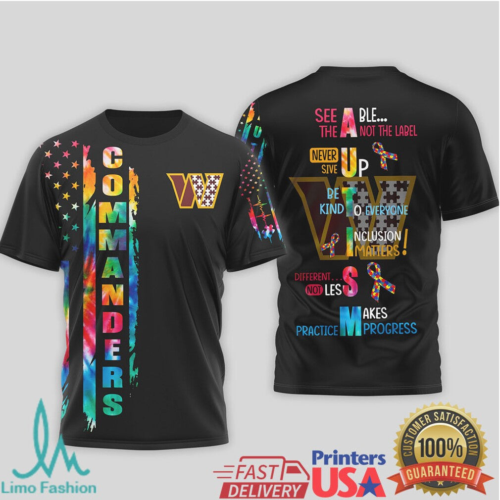 Washington Commanders Autism Awareness T Shirt Never Give Up Rainbow Design - Limotees LLC