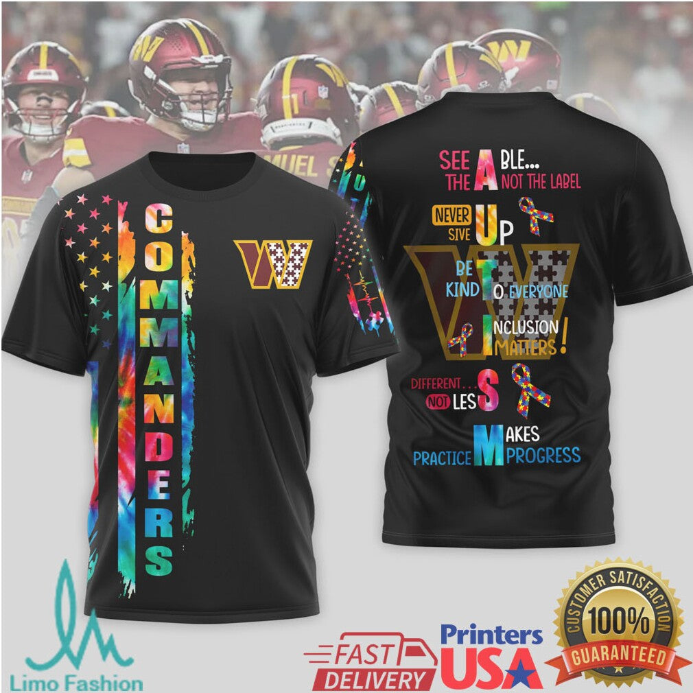 Washington Commanders Autism Awareness T Shirt Never Give Up Rainbow Design - Limotees LLC