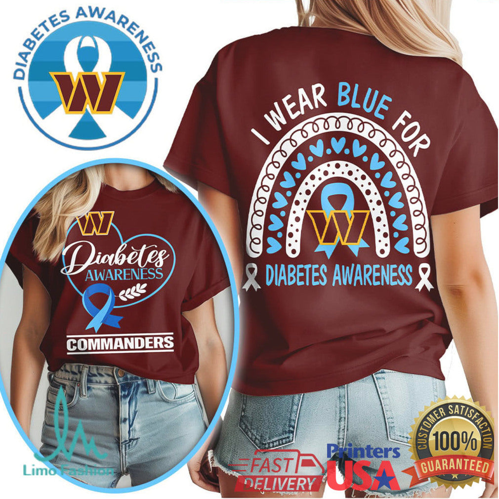Washington Commanders Diabetes Awareness T Shirt I Wear Blue Rainbow Graphic - Limotees LLC