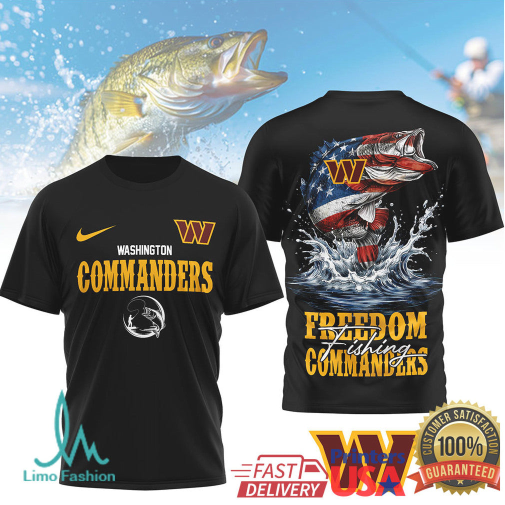 Washington Commanders Freedom Fishing Bass American Flag T Shirt - Limotees LLC