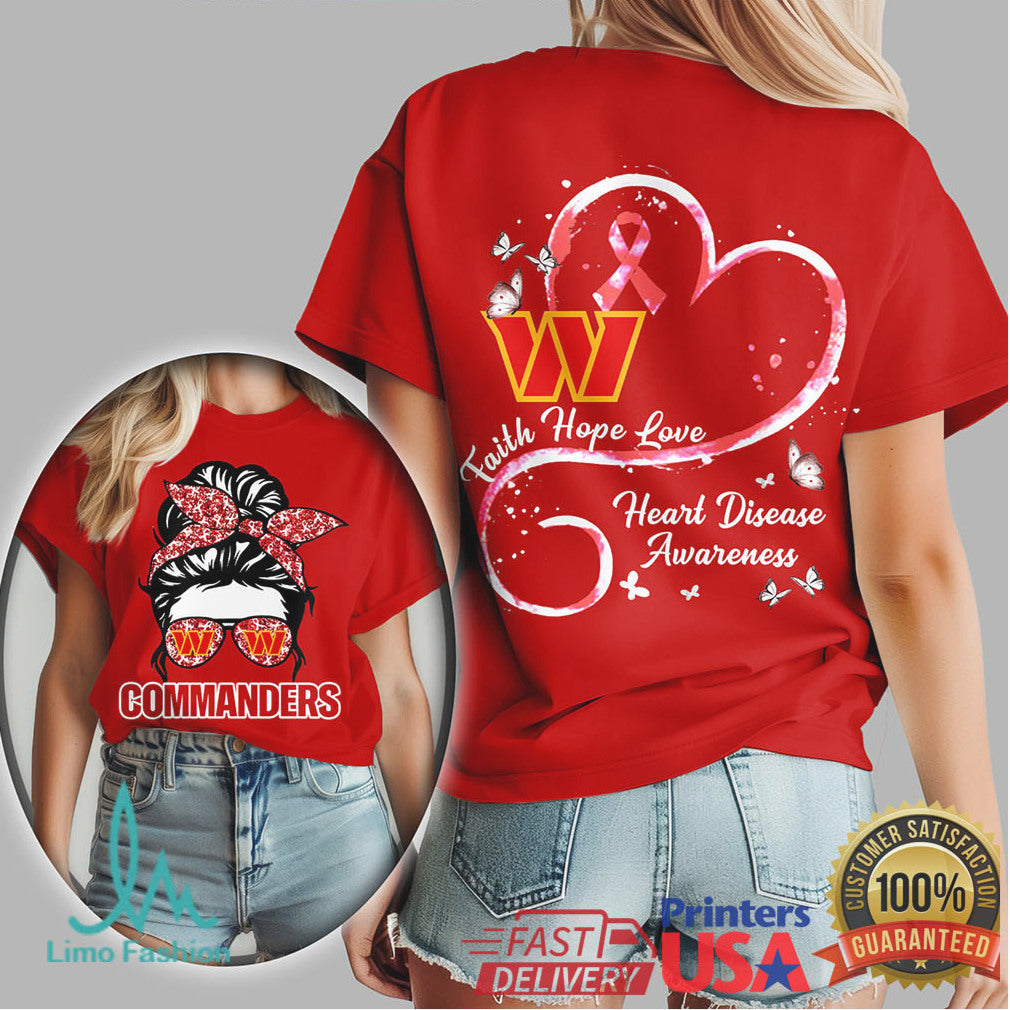 Washington Commanders Heart Disease Awareness T Shirt Red Ribbon Football Fan - Limotees LLC