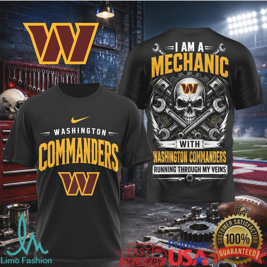 Washington Commanders Mechanic Skull Running Through My Veins T Shirt - Limotees LLC