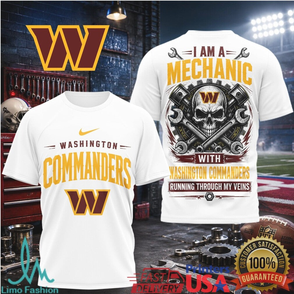Washington Commanders Mechanic Skull Running Through My Veins T Shirt - Limotees LLC