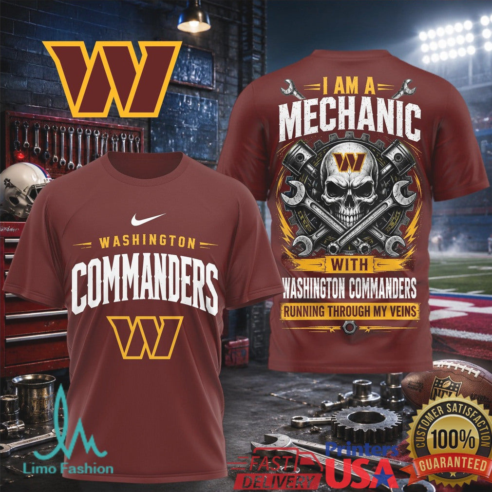 Washington Commanders Mechanic Skull Running Through My Veins T Shirt - Limotees LLC