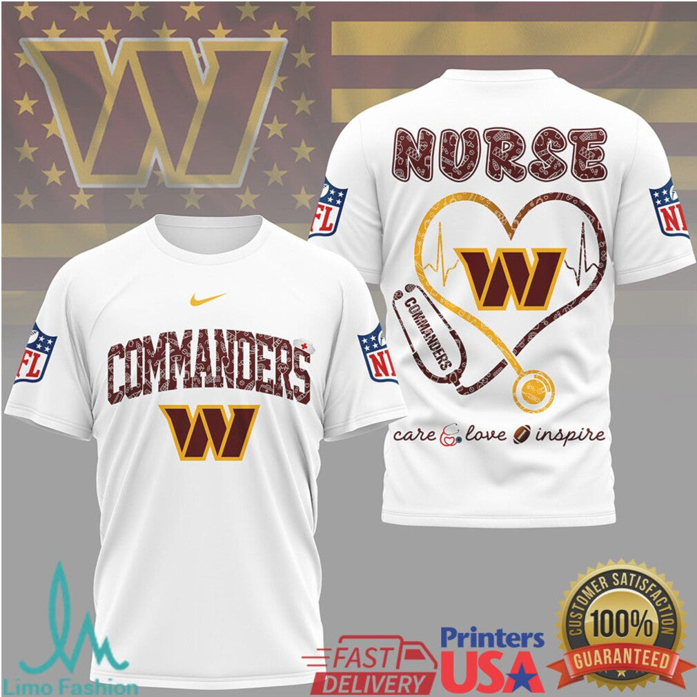 Washington Commanders Nurse T Shirt Care Love Inspire Stethoscope Heart NFL Healthcare T Shirt - Limotees LLC