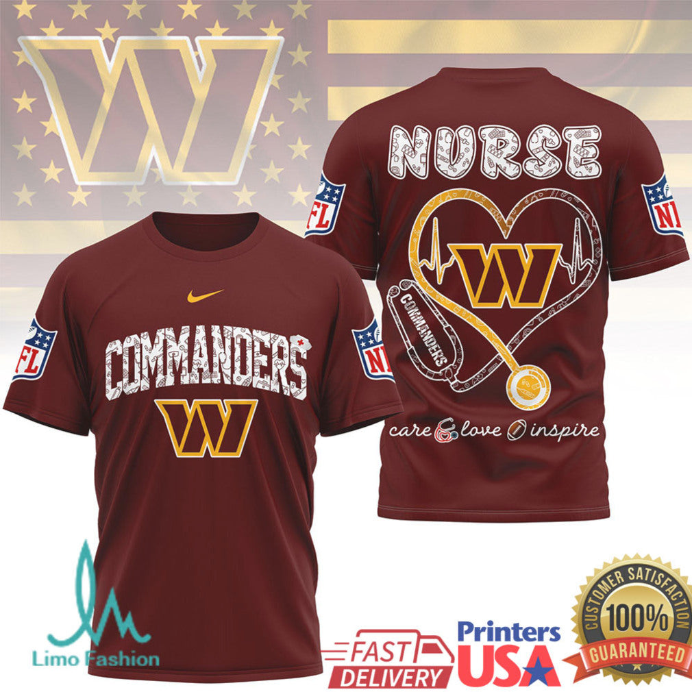 Washington Commanders Nurse T Shirt Care Love Inspire Stethoscope Heart NFL Healthcare T Shirt - Limotees LLC
