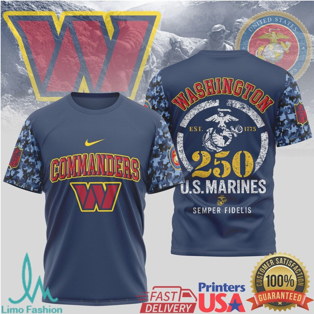 Washington Commanders US Marine Corps 250th Anniversary Navy Camo T Shirt - Limotees LLC