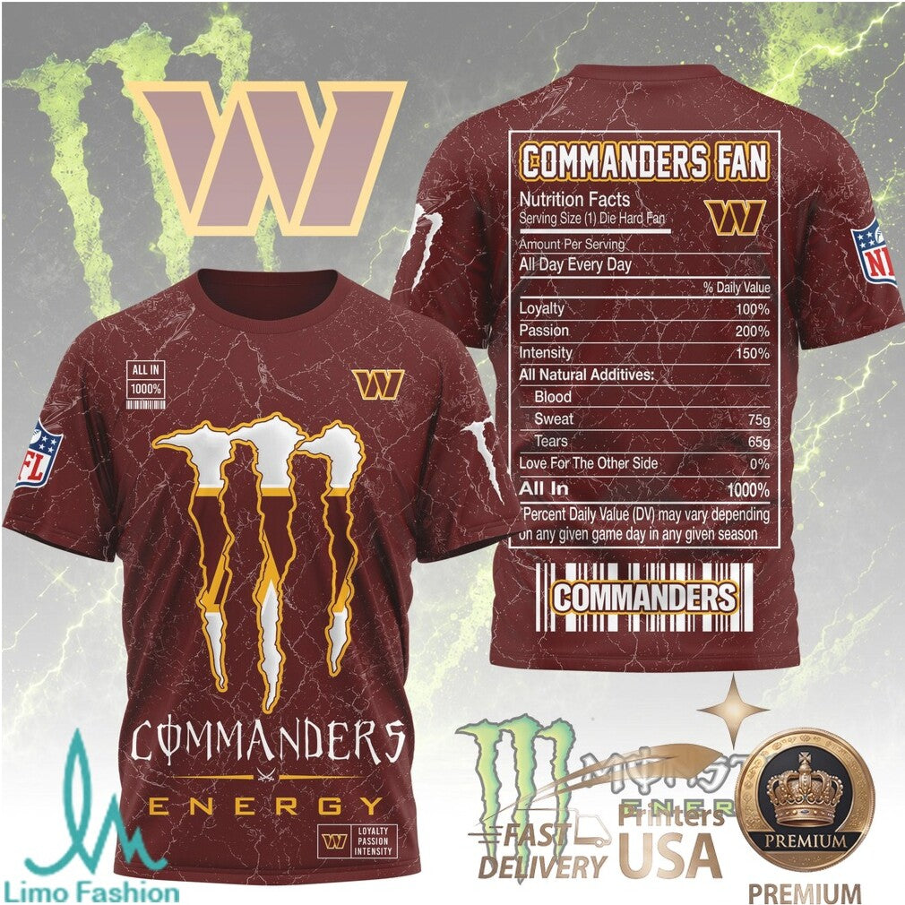 Washington Football Fans Monster Energy Nutrition Facts Maroon T Shirt - Limotees LLC