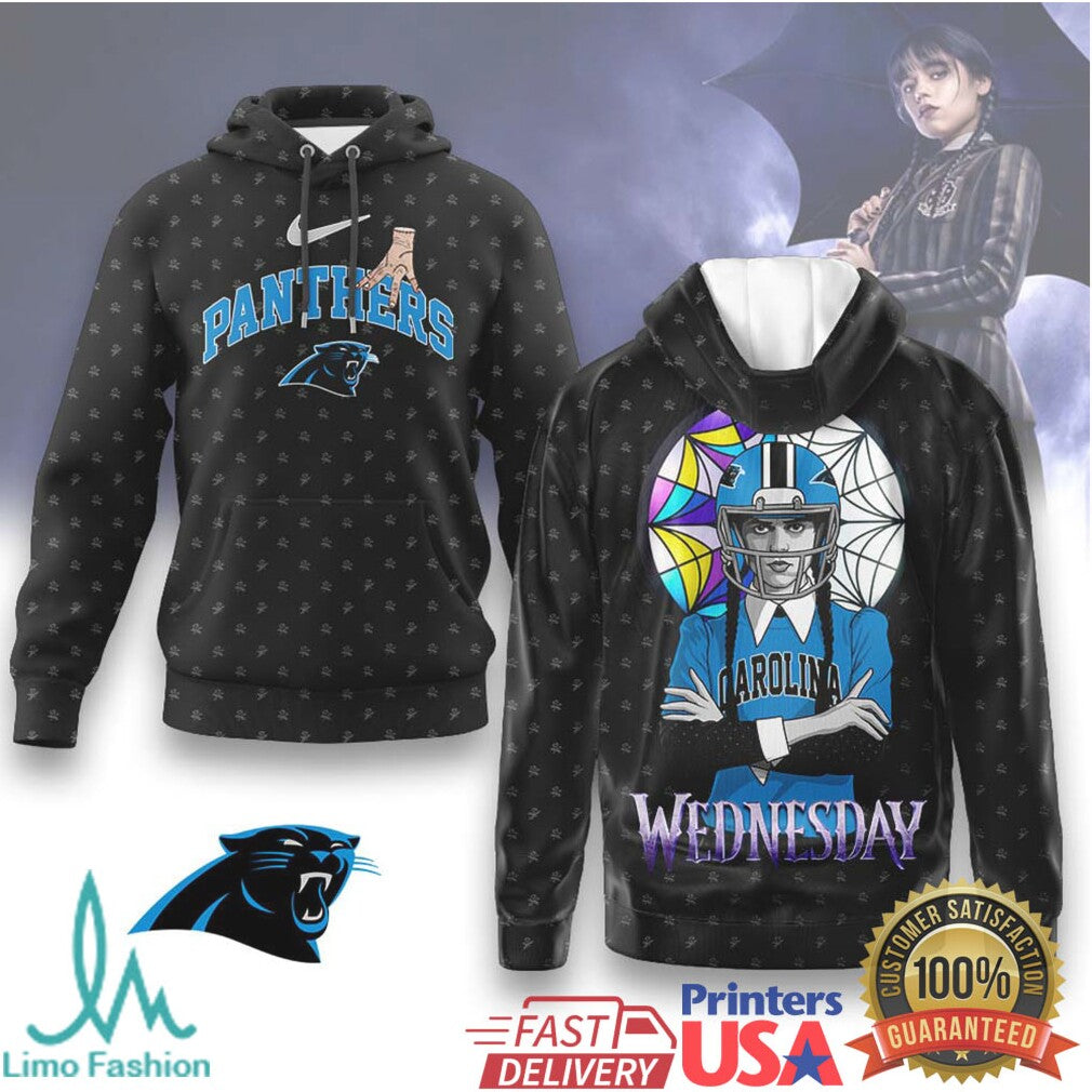 Wednesday Addams x Carolina Panthers NFL 3D Hoodie & T Shirt - Limotees LLC