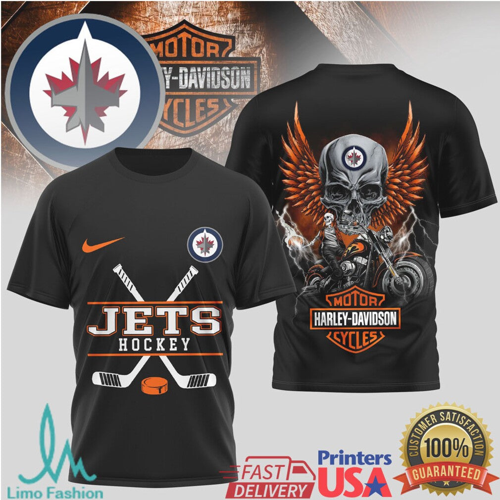 Winnipeg Jets x Harley Davidson Skull Biker NHL Hockey T Shirt - Limotees LLC