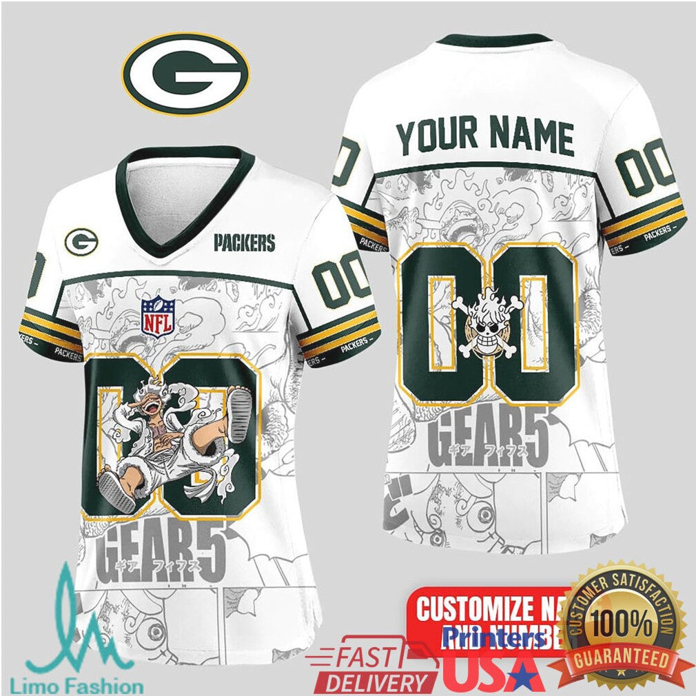 Green Bay Packers Official NFL Luffy Gear 5 Special Edition Baseball Jersey Custom Name - Limotees LLC