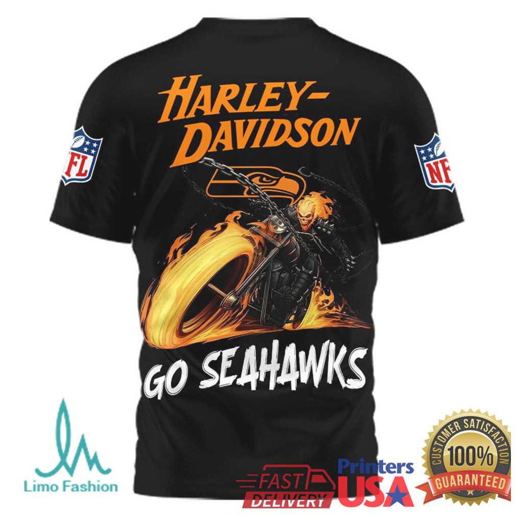 Seattle Seahawks Official NFL Ghost Rider Harley Davidson 3D Shirt - Limotees LLC