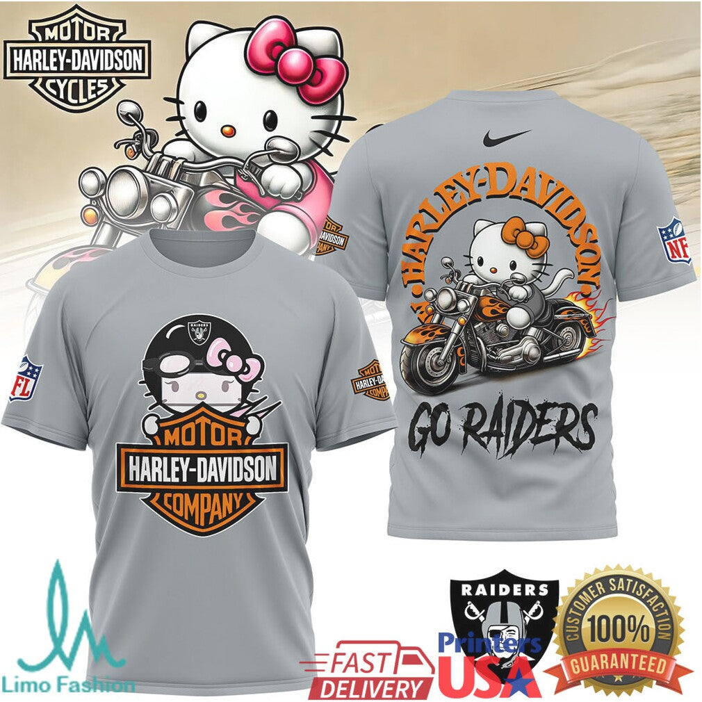Las Vegas Raiders Official NFL Hello Kitty Harley Davidson 3D Shirt - Limotees LLC