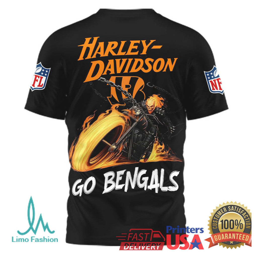 Cincinnati Bengals Official NFL Ghost Rider Harley Davidson 3D Shirt - Limotees LLC