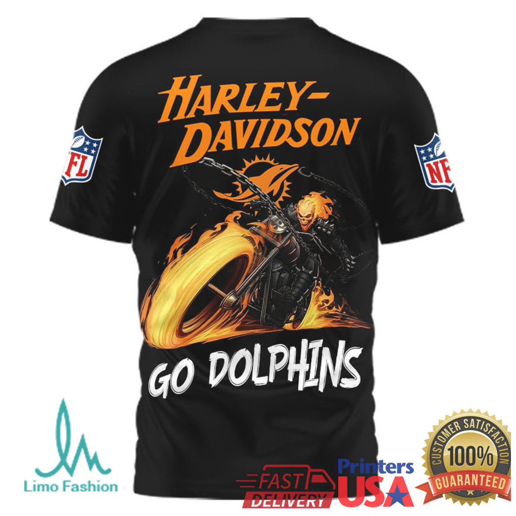 Miami Dolphins Official NFL Ghost Rider Harley Davidson 3D Shirt - Limotees LLC