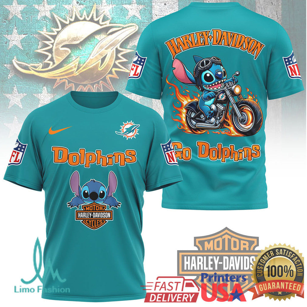 Miami Dolphins Official NFL Stitch Harley Davidson 3D Shirt