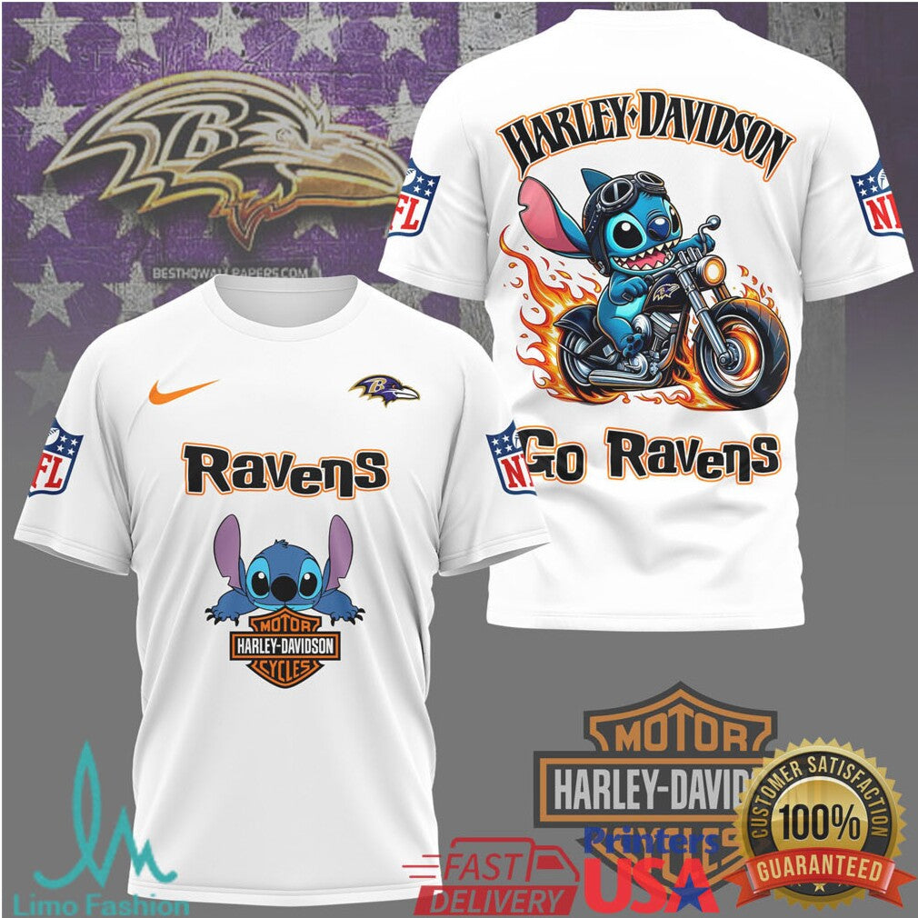 Baltimore Ravens Official NFL Stitch Harley Davidson 3D Shirt - Limotees LLC
