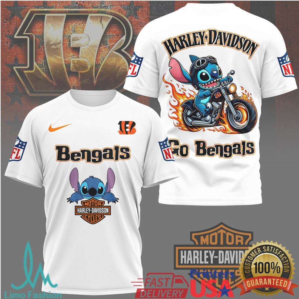 Cincinnati Bengals Official NFL Stitch Harley Davidson 3D Shirt - Limotees LLC