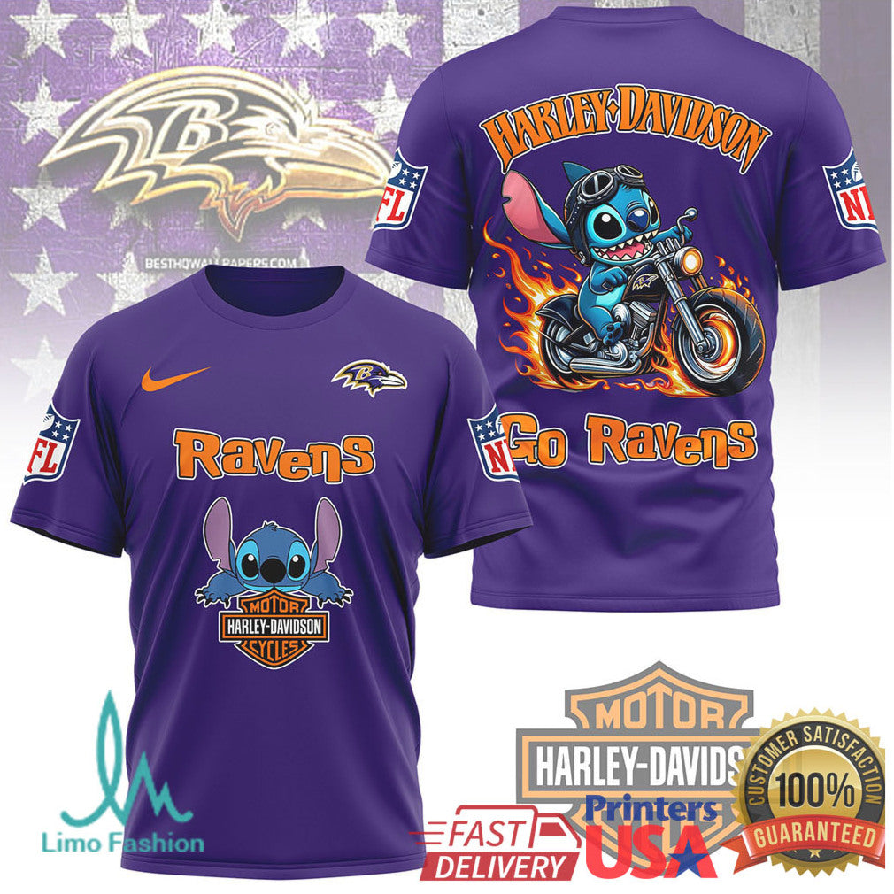 Baltimore Ravens Official NFL Stitch Harley Davidson 3D Shirt - Limotees LLC
