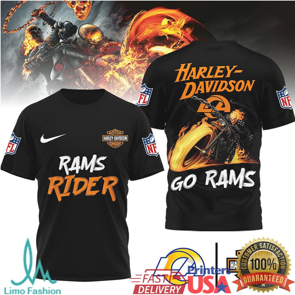 Los Angeles Rams Official NFL Ghost Rider Harley Davidson 3D Shirt - Limotees LLC