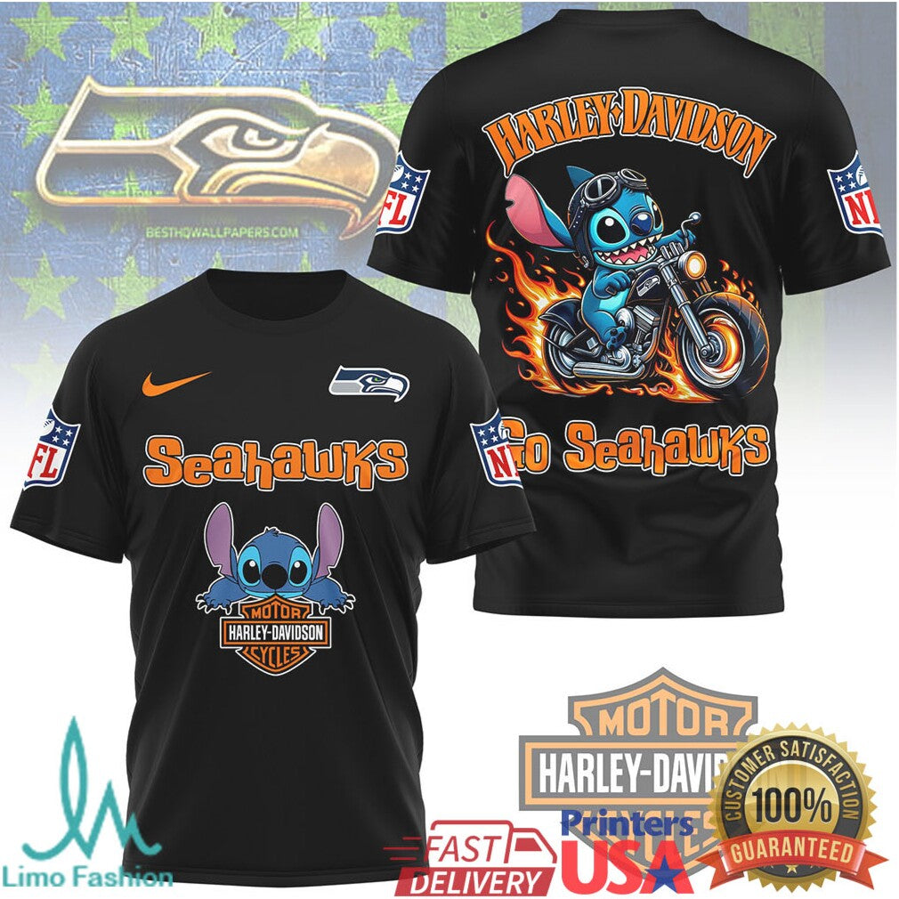 Seattle Seahawks Official NFL Stitch Harley Davidson 3D Shirt - Limotees LLC