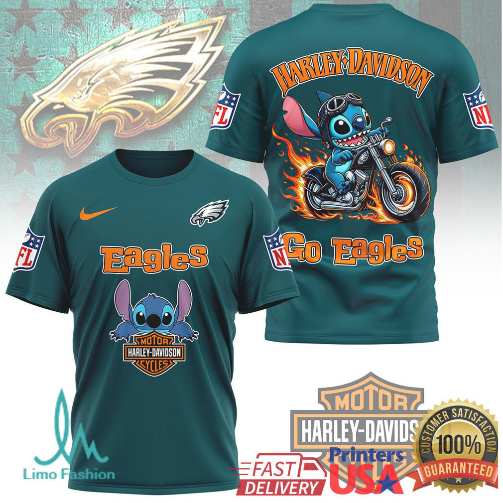 Philadelphia Eagles Official NFL Stitch Harley Davidson 3D Shirt - Limotees LLC
