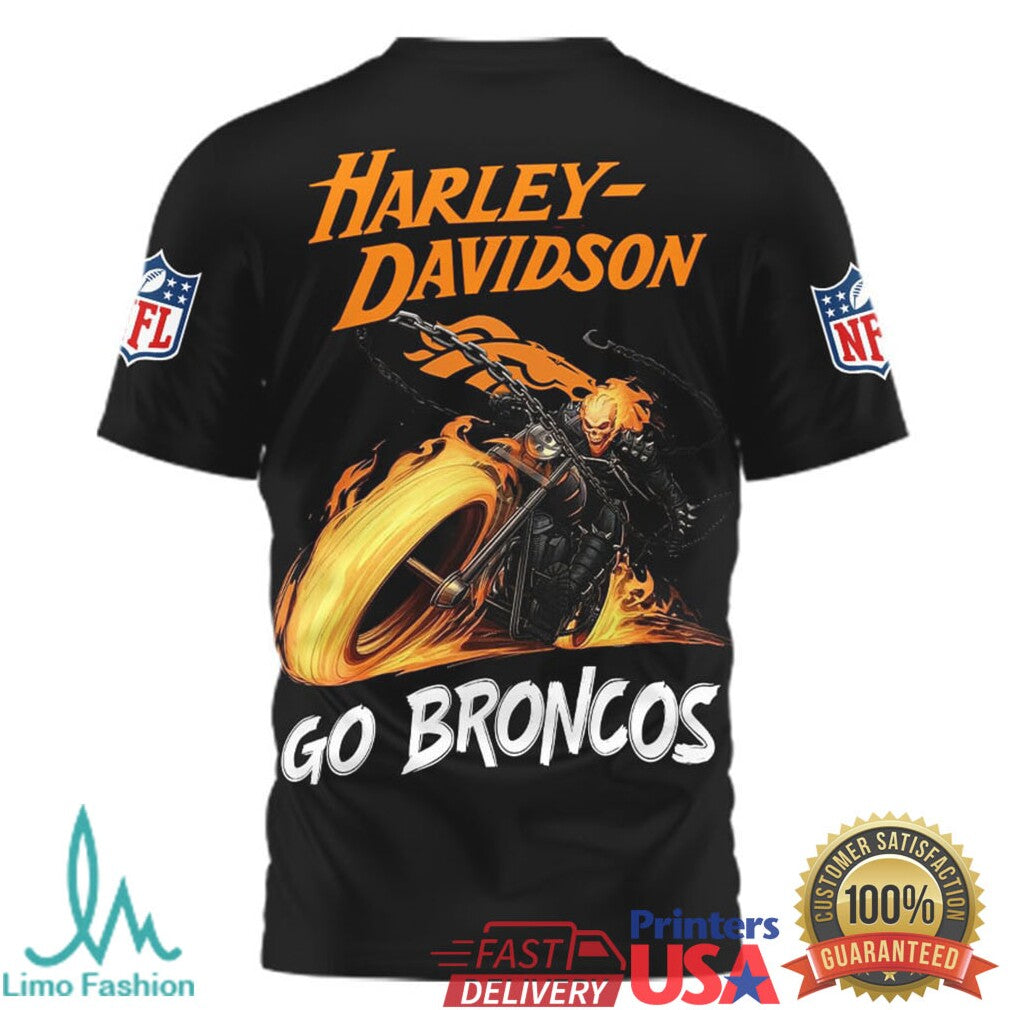 Denver Broncos Official NFL Ghost Rider Harley Davidson 3D Shirt - Limotees LLC