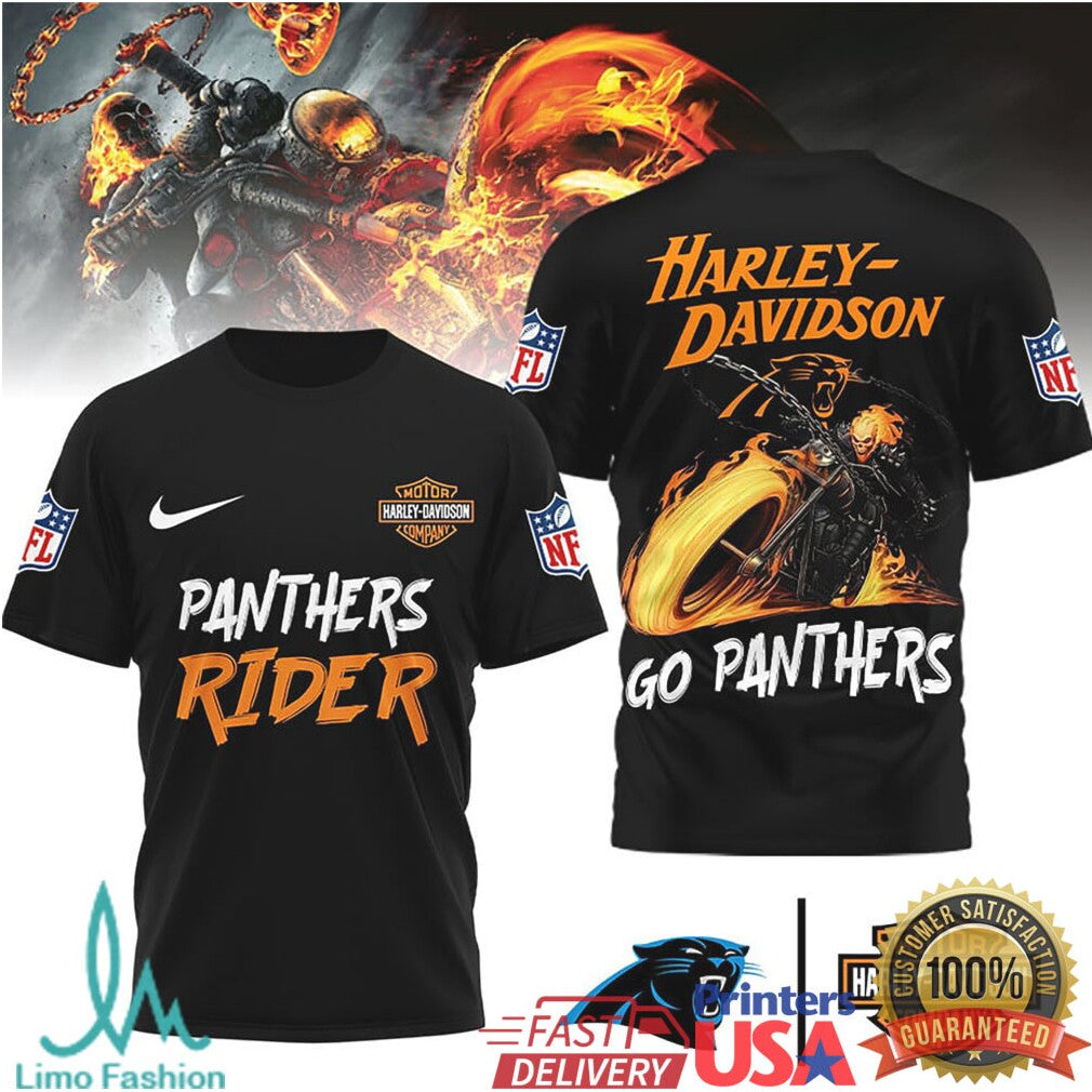 Carolina Panthers Official NFL Ghost Rider Harley Davidson 3D Shirt - Limotees LLC