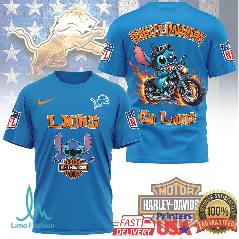 Detroit Lions Official NFL Stitch Harley Davidson 3D Shirt - Limotees LLC