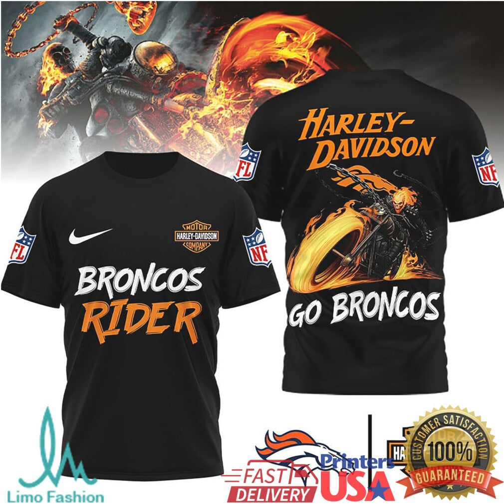 Denver Broncos Official NFL Ghost Rider Harley Davidson 3D Shirt - Limotees LLC