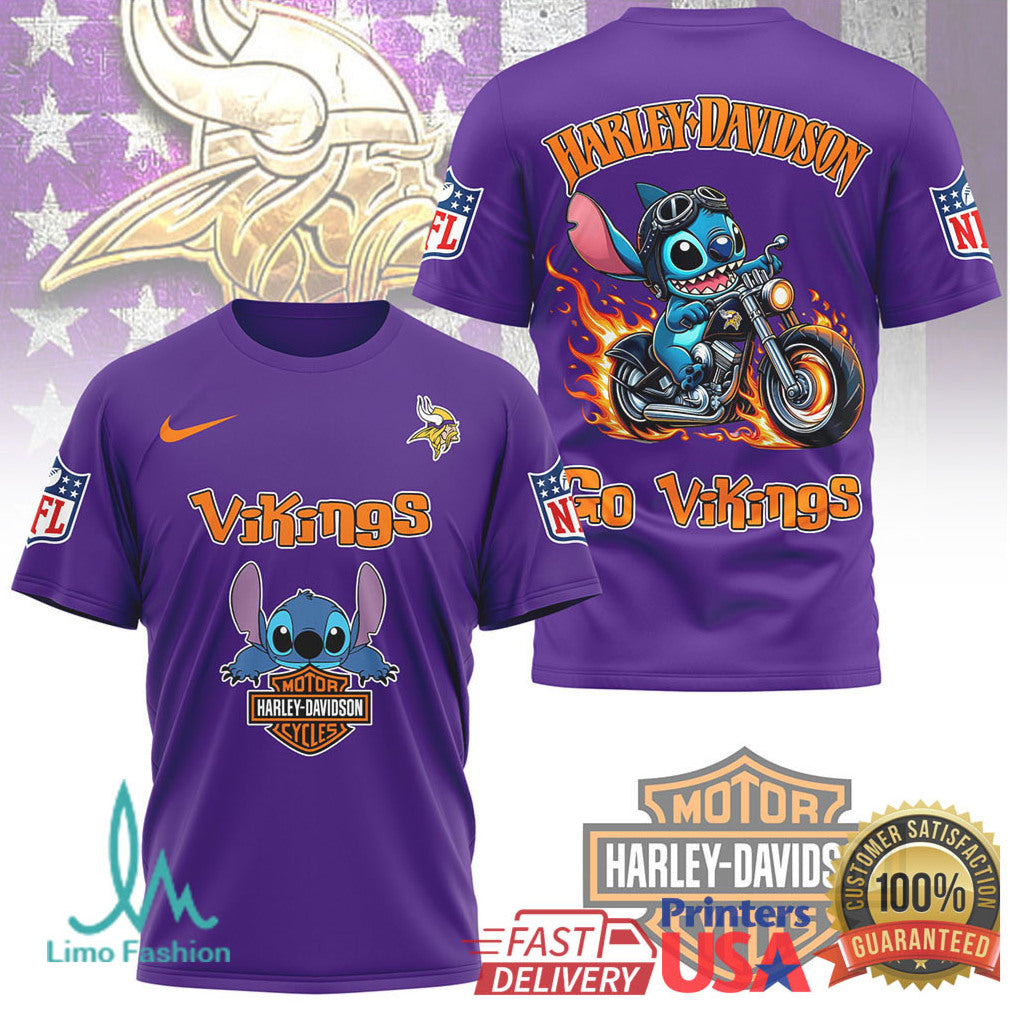 Minnesota Vikings Official NFL Stitch Harley Davidson 3D Shirt - Limotees LLC